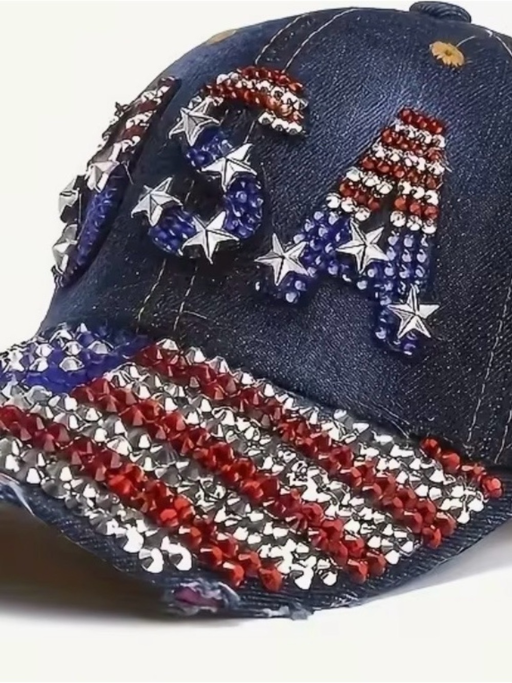 Rhinestone USA Denim Baseball Cap - Red, White & Blue